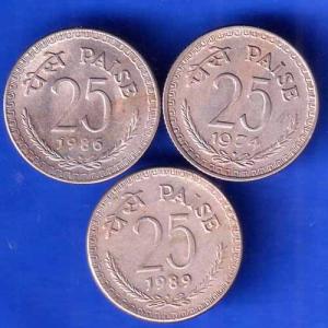 SET OF 3 : REPUBLIC INDIA 25 PAISA DIFFERENT YEARS COINS ANH2597