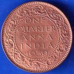 BRITISH INDIA 1939 GORGE VI KING ONE QUARTER ANNA COPPER COIN ANH2695