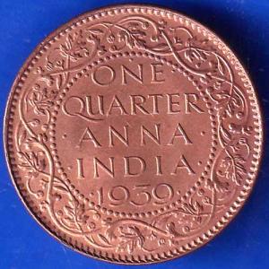 BRITISH INDIA 1939 GORGE VI KING ONE QUARTER ANNA COPPER COIN ANH2695