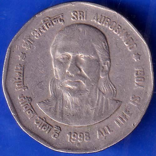 Republic India 1998 All Life Is Yoga SRI Aurobindo 2 Rupee Coin ANH749