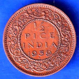 British India 1939 Bombay Mint George VI King Emperor Half Pice Coin ANH2499