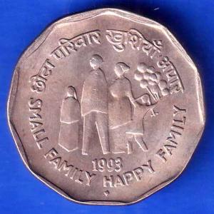 unc Republic India 1993 Small Family Happy Family 2 Rupee BOMBAY MINT Coin ANH3049