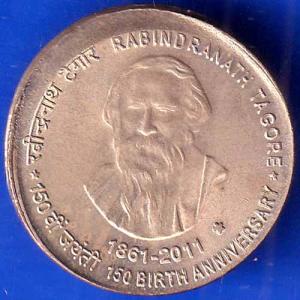 republic india 1861 2011 rabindranath tagore 150th birth anniverssary 5 rupee coin ANH2648