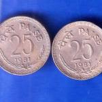 Set Of 2 : Republic India 1981 Hyderabad Mint and Bombay Mint 25 Paise ANH2747