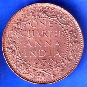 BRITISH INDIA 1939 GORGE VI KING ONE QUARTER ANNA COPPER COIN ANH2749