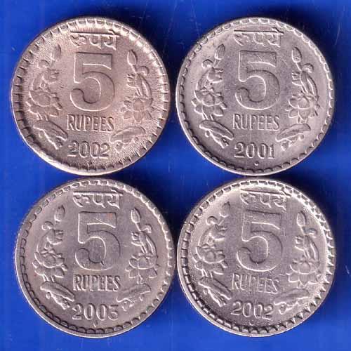 4 SET OF REPUBLIC INDIA DIFFERENT YEAR, MINT 5 RUPEE COINS ANH2948