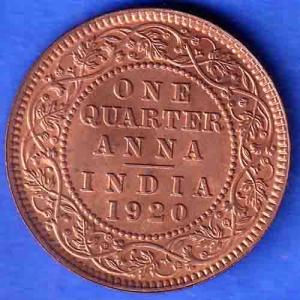 British India 1920 George V King ONE QUARTER Anna Copper Coin  SK815