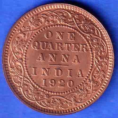 British India 1920 George V King ONE QUARTER Anna Copper Coin  SK815