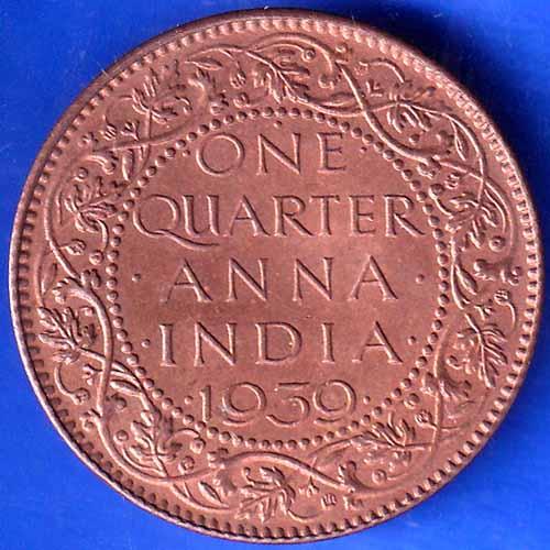 BRITISH INDIA 1939 GORGE VI KING ONE QUARTER ANNA COPPER COIN ANH1857
