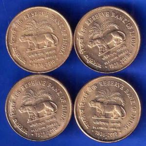 set of 4 coins:- Republic india reserve bank of india 1935-2010 five rupee coin ANH1915