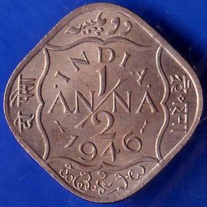 British India 1946 George VI King 1/2 Anna Coin ANH472