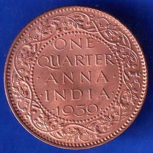 BRITISH INDIA 1939 GORGE VI KING ONE QUARTER ANNA COPPER COIN ANH1919