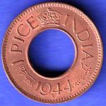 British India 1944 Lahor mint One Pice copper coin SK160