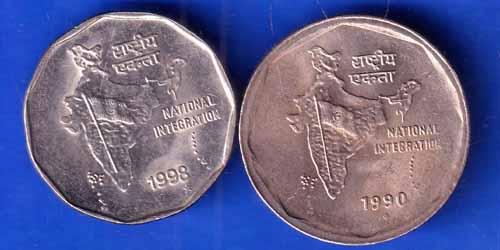 SET OF 2 : Republic India 1990 1998 two rupee Coin ANH1810
