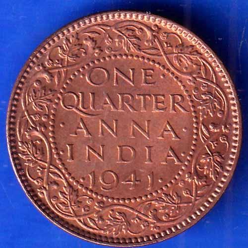 British India 1941 George Vi King ONE QUARTER Anna Copper Coin ANH2107