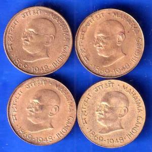 SET OF 4: Republic India 1869-1948 Mahatma Gandhi 20 Paise Coin ANH2707