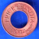 British India 1944 George VI King LAHORE MINT 1 Pice Copper Coin ANH2907
