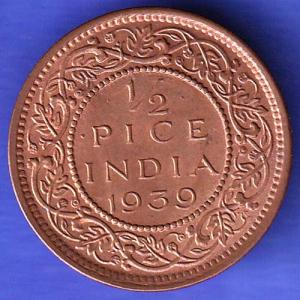 BRITISH INDIA 1939 GORGE VI KING 1/2 PICE BOMBAY MINT RARE COIN SK162