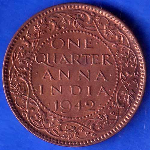 British India 1942 George VI King Emperor One Quarter Anna Coppr Coin ANH1749
