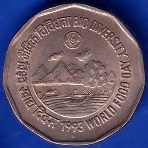 Republic India 1993 Bio Diversity World Food Day 2 Rupee Coin ANH993