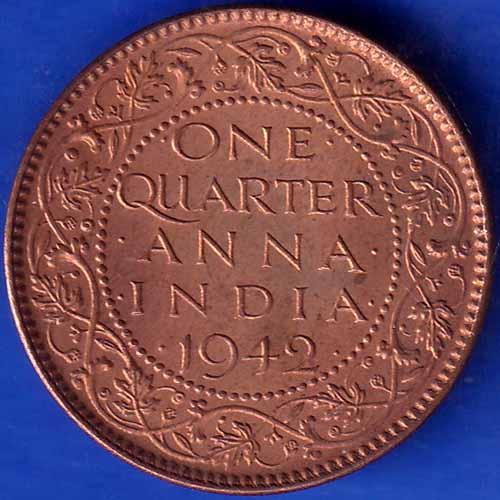 British India 1942 George VI King Emperor One Quarter Anna Coppr Coin ANH1190