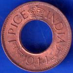 British India 1944 Lahore Mint George VI King 1 Pice Copper Coin ANH591