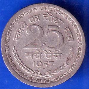 republic india 1957 KOLKATA MINT 25 paisa coin ANH2058