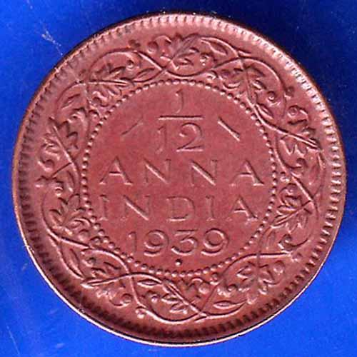 BRITISH INDIA 1939 BOMBAY MINT  GORGE VI KING 1/12 ANNA COPPER COIN ANH1959