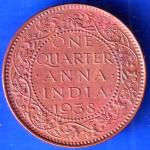 British India 1938 George VI King One Quarter Anna Copper Coin ANH2410