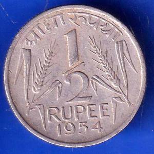 Government of India 1954 half Rupee calcutta MINT Coin ANH2961