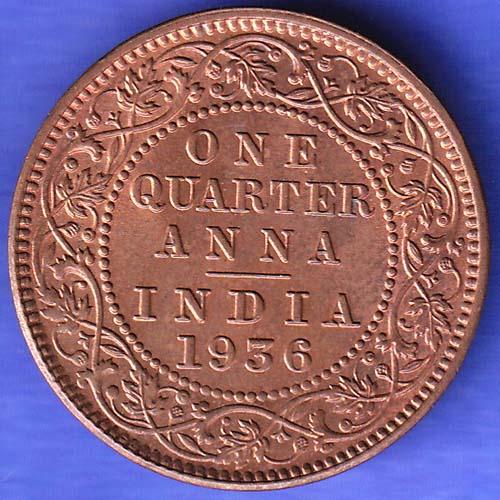 BRITISH INDIA 1936 GORGE V KING ONE QUARTER ANNA COPPER COIN SK166