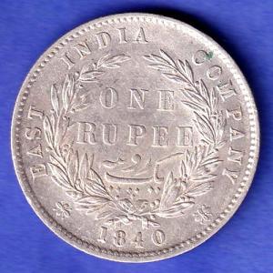EAST INDIA COMPANY 1840 CONTINIOUS LEGEND VICTORIA QUEEN 1 RUPEE SILVER COIN SK785