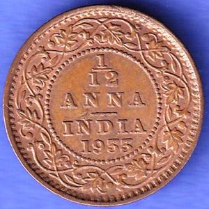 BRITISH INDIA 1933 1/12 ANNA GEORGE VI COPPER COIN SK1065