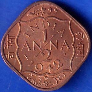 British India 1942 George VI King Half Anna Coin ANH212