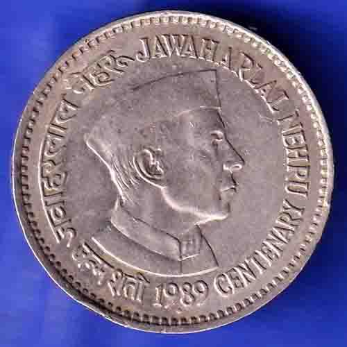 Republic India 1989  BOMBAY MINT Jawahar lal Nehru Centenary 5 Rupee Coin HSK122