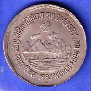 Republic India 1993 Bombay Mint Bio Diversity World Food Day 2 Rupee Coin HSK762
