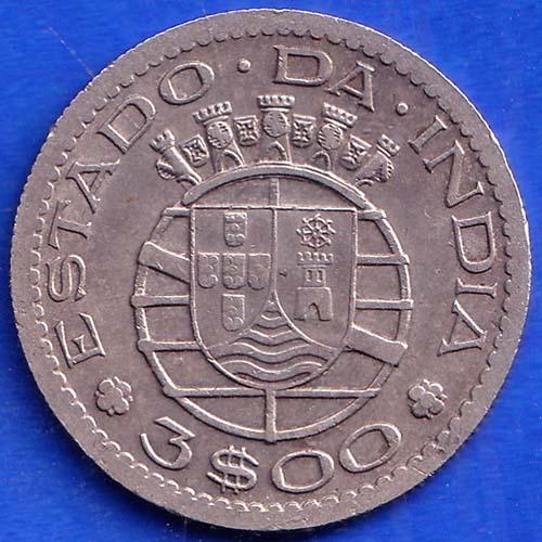 PORTUGUESE INDIA GOA 3  ESCUDO 1958 RARE COIN #BA1