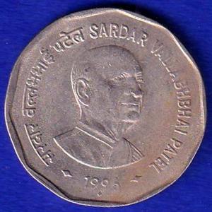 REPUBLIC INDIA 1996 BOMBAY MINT SARDAR VALLABHBHAI PATEL  2 RUPEE COIN- SB183