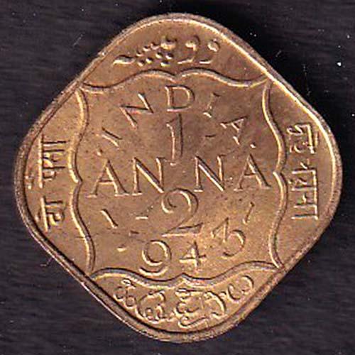 BRITISH INDIA 1943 GEORGE VI 1/2 ANNA RARE COIN:-SB218