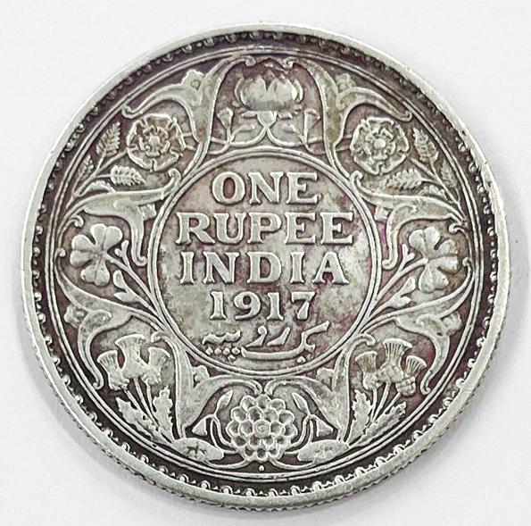 1 Re British India 1917 Mumbai silver coin
