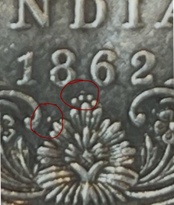 1 Re Britsh India 1862 0/4 with extra dots silver coin