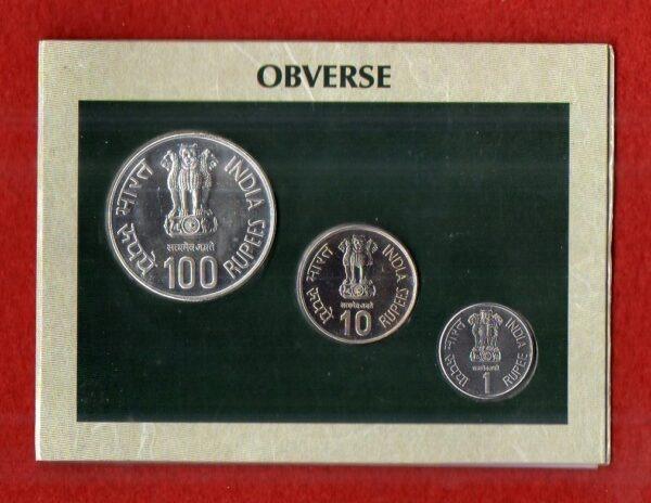 2002 – Loknayak Jayaprakash Narayan (Mumbai) UNC 3 Coins Set (Rs.100,Rs.10,Re.1)