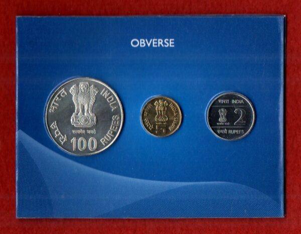 2010 – XIX Commonwealth Games Delhi (Kolkata) UNC 3 Coins Set (Rs.100, Rs.5, Rs.2)