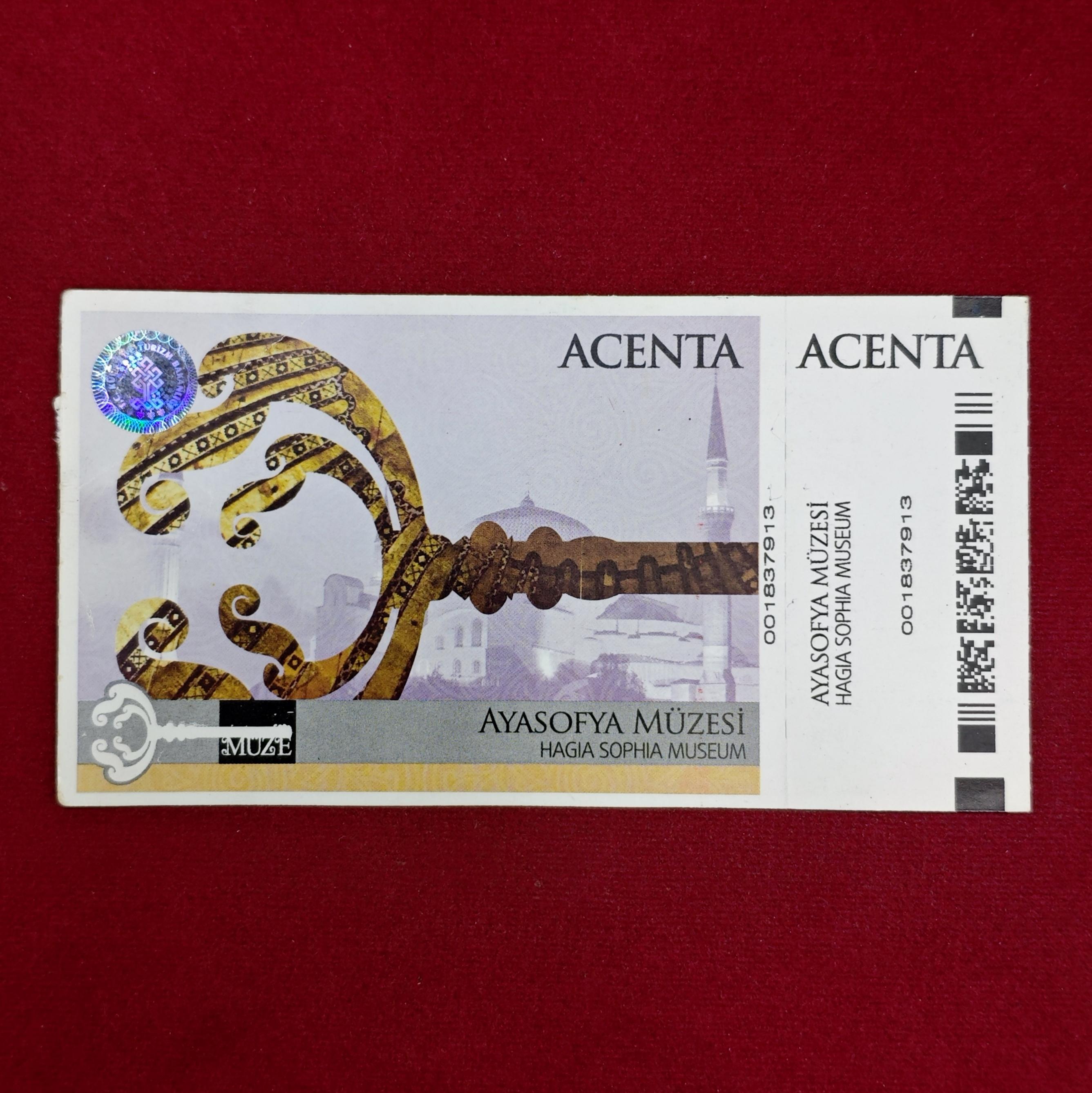Ayasofya (Hagia Sophia) Museum Entry Ticket – ACENTA Printed with Hologram & Barcode | Istanbul Turkey