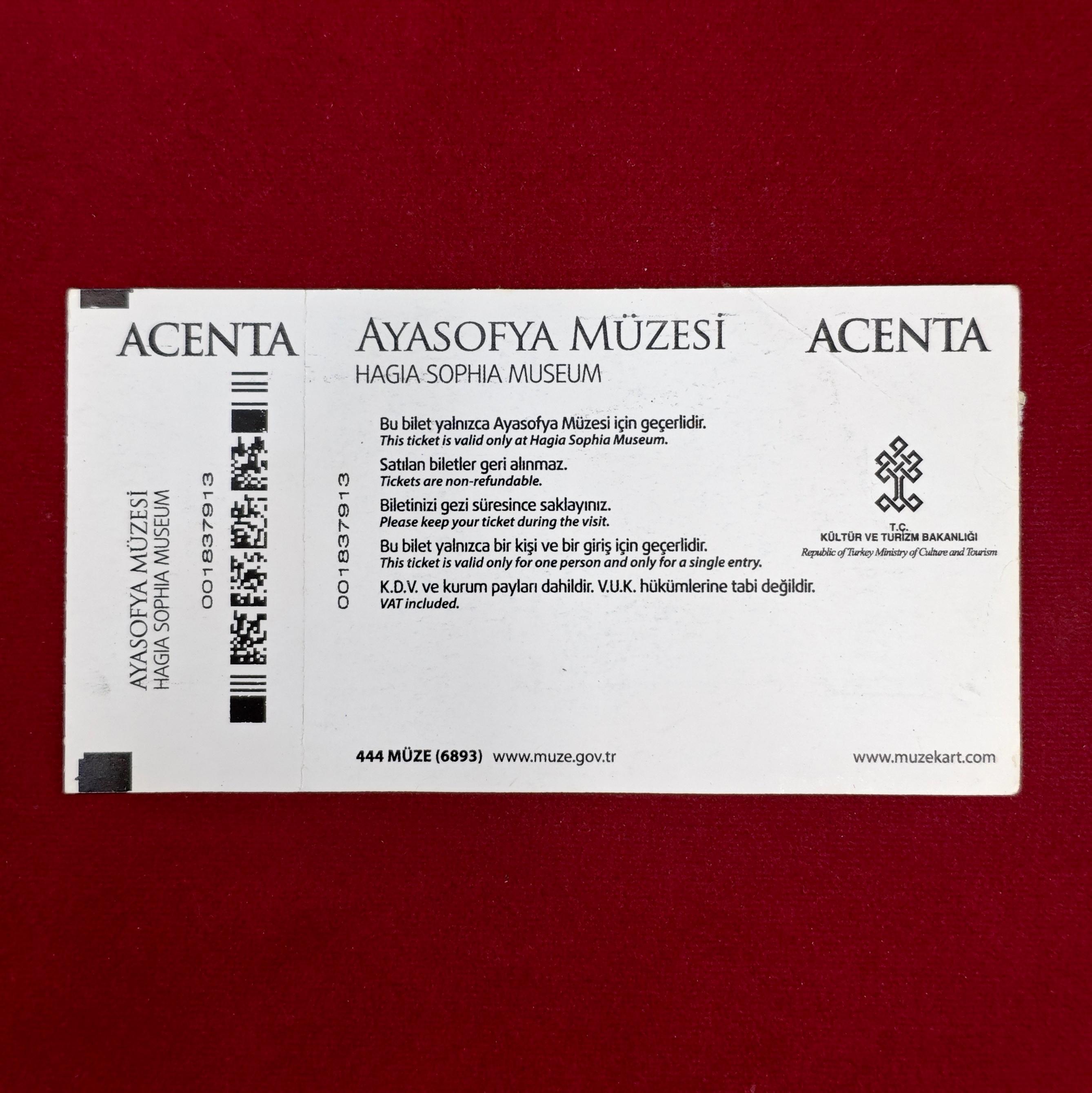 Ayasofya (Hagia Sophia) Museum Entry Ticket – ACENTA Printed with Hologram & Barcode | Istanbul Turkey