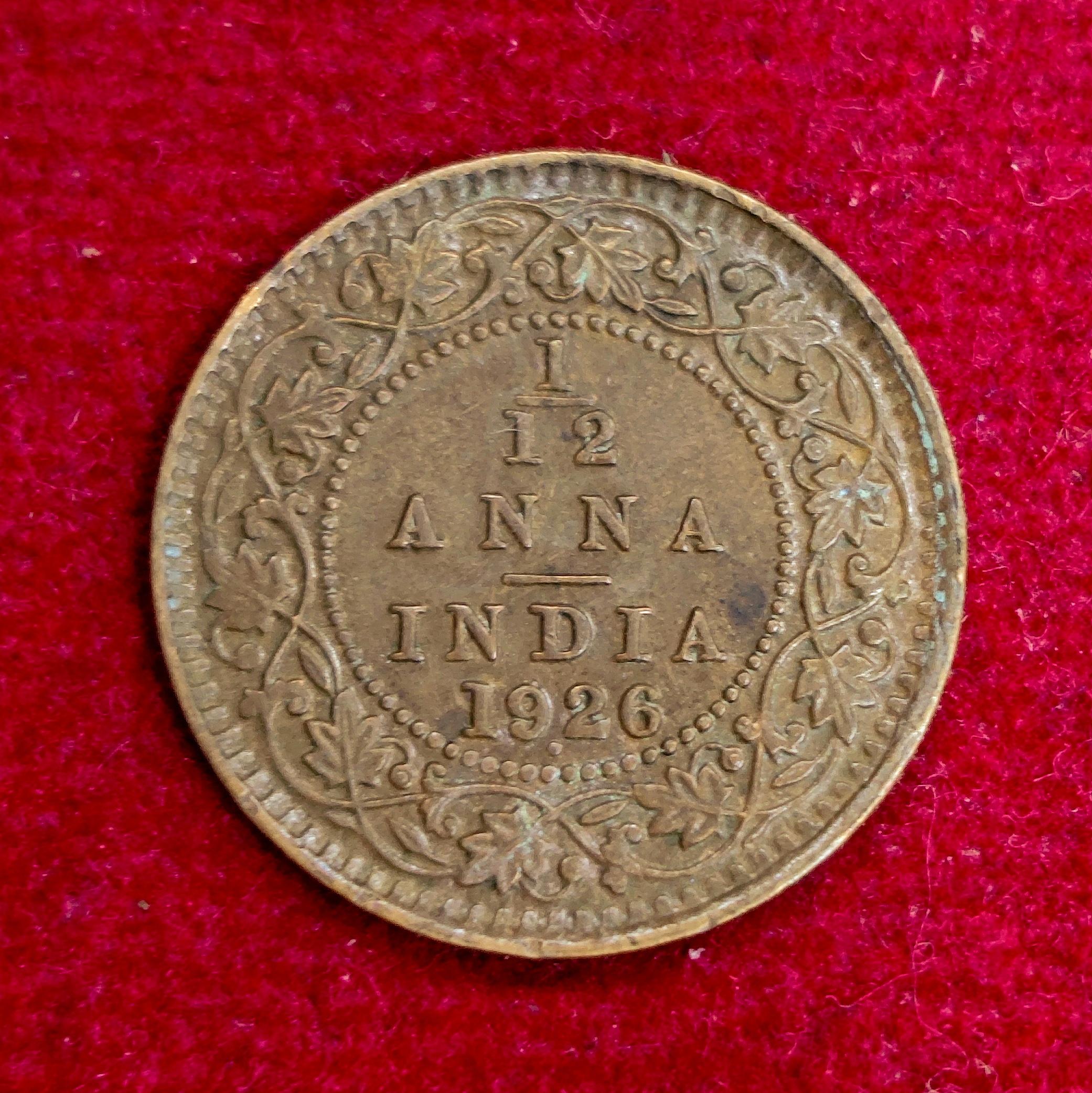 British India 1/12 Anna George V 1926 Coin