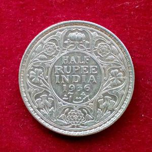 British India 1/2 Rupee - George V 1936 Silver Coin