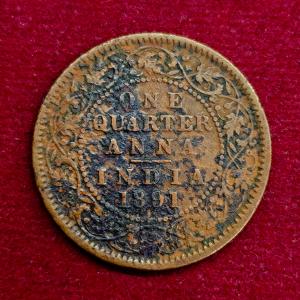 British India 1/4 Anna Victoria Empress 1891 Coin
