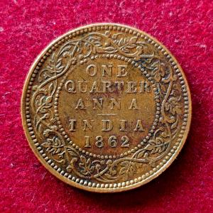 British India 1/4 Anna Victoria Queen 1862 Coin