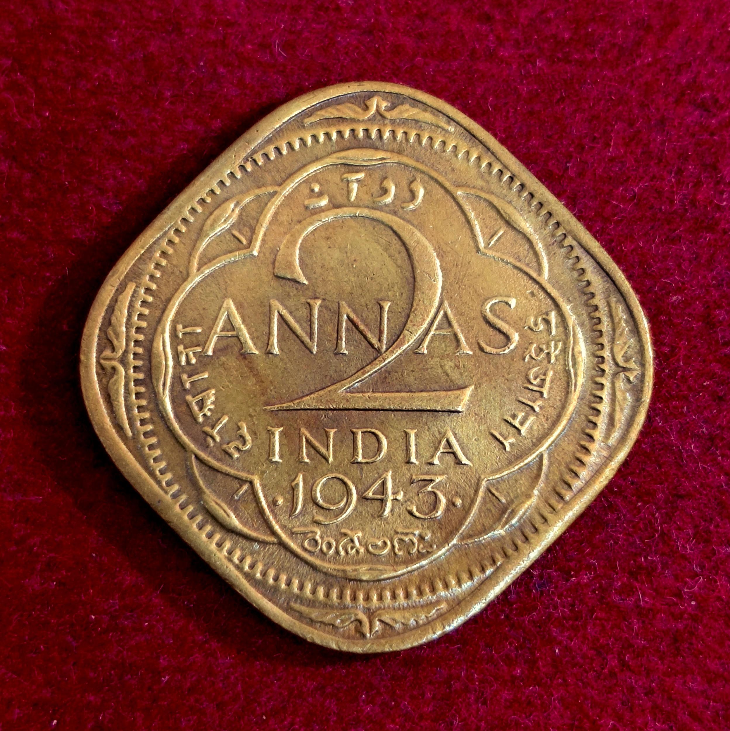 British India 2 Annas - George VI 1943 Coin
